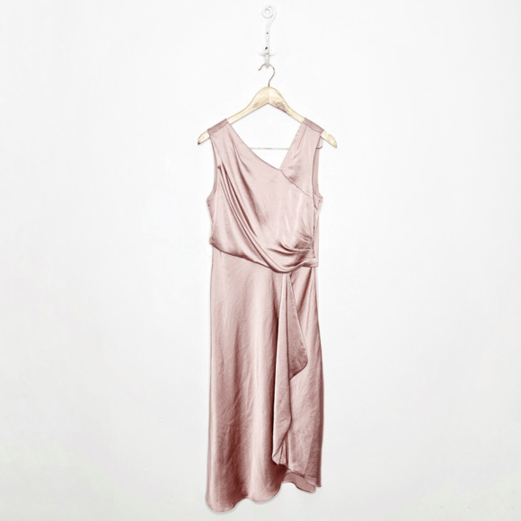 BHLDN Dresses & Skirts - BHLDN ALSTON SATIN DRESS ROSE Pink Midi draped wedding bridesmaid womens 10 NWT